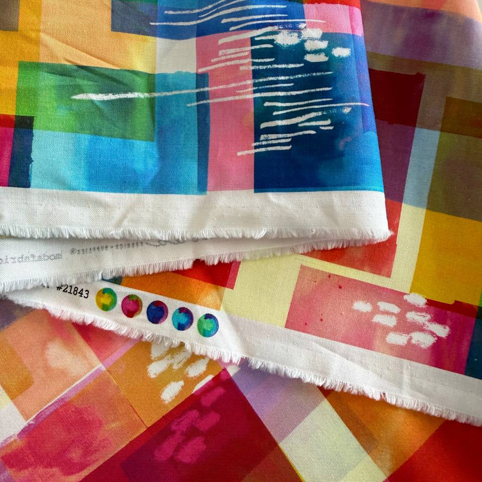 Radiant fabric by Amarilys Henderson for Moda, rainbow watercolor geometric blocks quilting cotton 521843-11