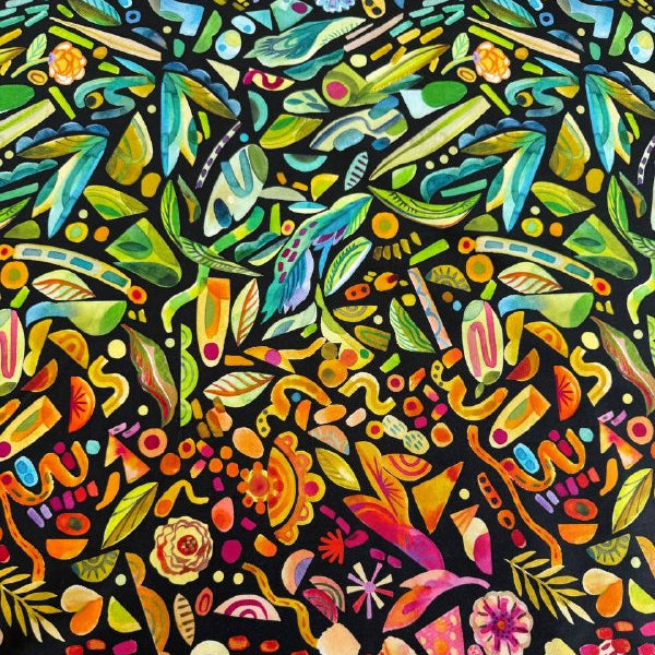 Radiant Midnight fabric by Amarilys Henderson for Moda, colorful abstract shapes on black background quilting cotton 521846-12