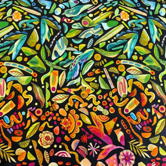 Radiant Midnight fabric by Amarilys Henderson for Moda, colorful abstract shapes on black background quilting cotton 521846-12