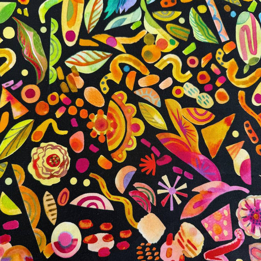 Radiant Midnight fabric by Amarilys Henderson for Moda, colorful abstract shapes on black background quilting cotton 521846-12