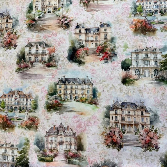 Soiree Blush fabric by Hoffman, watercolor scenic buildings with florals in soft blush tones quilting cotton 25655-391