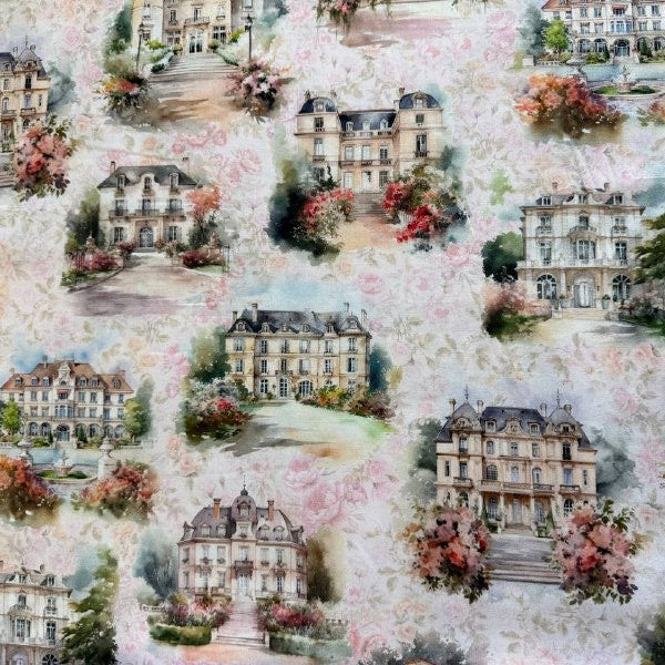 Soiree Blush fabric by Hoffman, watercolor scenic buildings with florals in soft blush tones quilting cotton 25655-391
