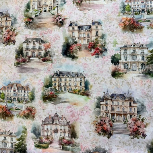 Soiree Blush fabric by Hoffman, watercolor scenic buildings with florals in soft blush tones quilting cotton 25655-391