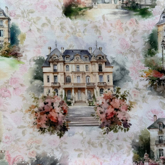 Soiree Blush fabric by Hoffman, watercolor scenic buildings with florals in soft blush tones quilting cotton 25655-391