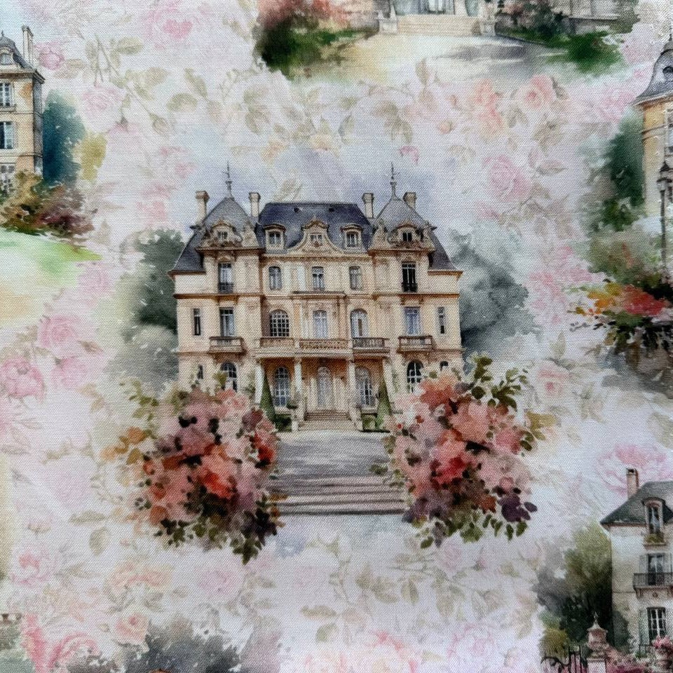 Soiree Blush fabric by Hoffman, watercolor scenic buildings with florals in soft blush tones quilting cotton 25655-391