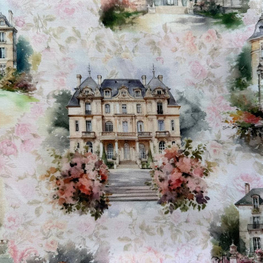 Soiree Blush fabric by Hoffman, watercolor scenic buildings with florals in soft blush tones quilting cotton 25655-391
