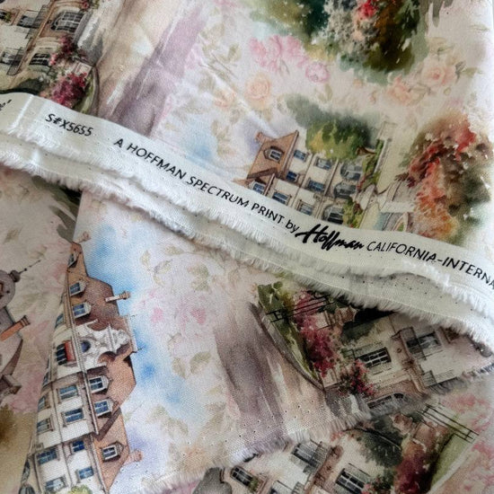Soiree Blush fabric by Hoffman, watercolor scenic buildings with florals in soft blush tones quilting cotton 25655-391