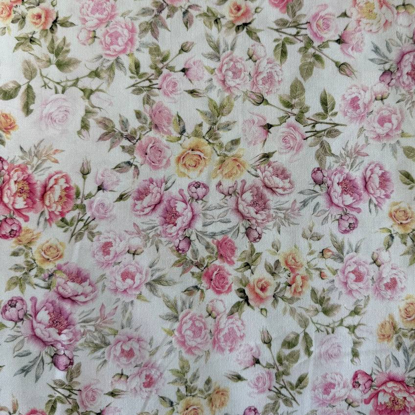 Soiree Tea Rose fabric by Hoffman, small pink vintage roses on cream background quilting cotton 25658-153