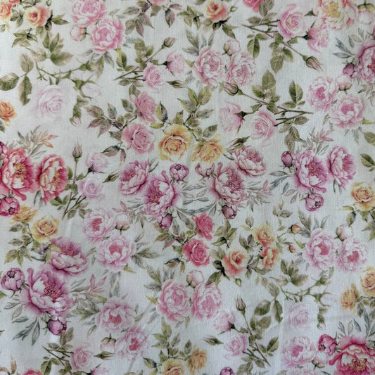 Soiree Tea Rose fabric by Hoffman, small pink vintage roses on cream background quilting cotton 25658-153