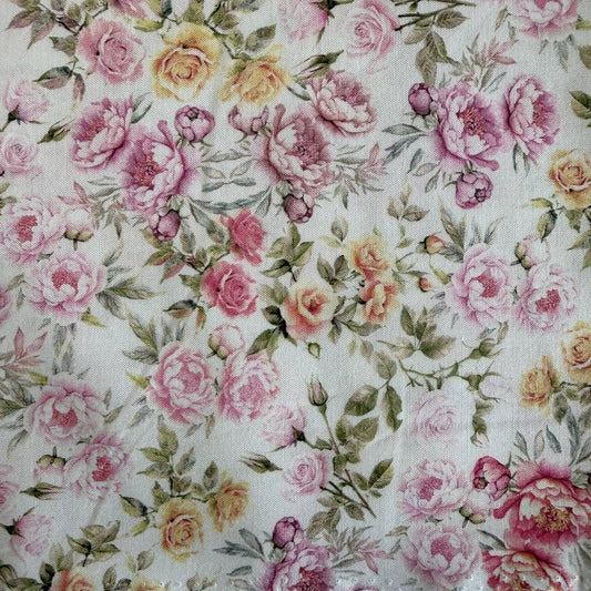Soiree Tea Rose fabric by Hoffman, small pink vintage roses on cream background quilting cotton 25658-153