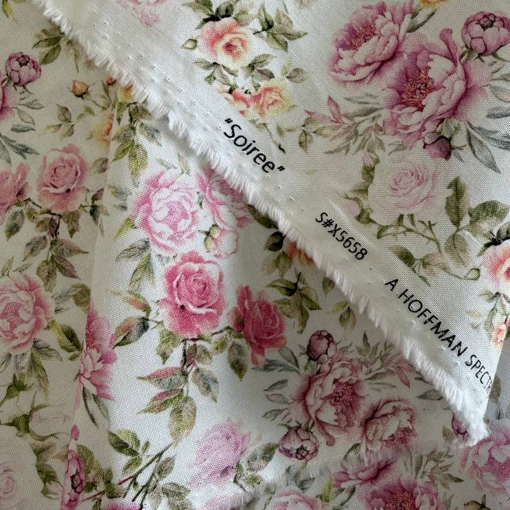 Soiree Tea Rose fabric by Hoffman, small pink vintage roses on cream background quilting cotton 25658-153