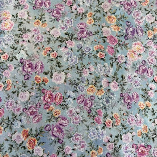 Hoffman Soiree Hyacinth pastel roses on blue background quilting cotton 25658-120