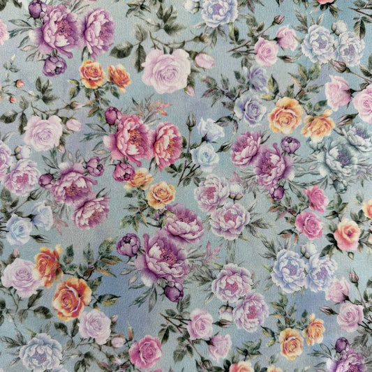 Hoffman Soiree Hyacinth pastel roses on blue background quilting cotton 25658-120