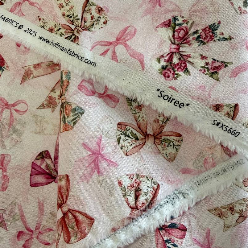 Soiree by Hoffman blush pink ribbon bow floral cotton fabric 25660-391