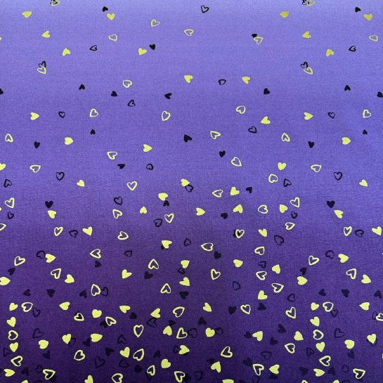 I Heart Ombre Metallic aubergine purple fabric with gold and black hearts by V & Co for Moda 510875M-224