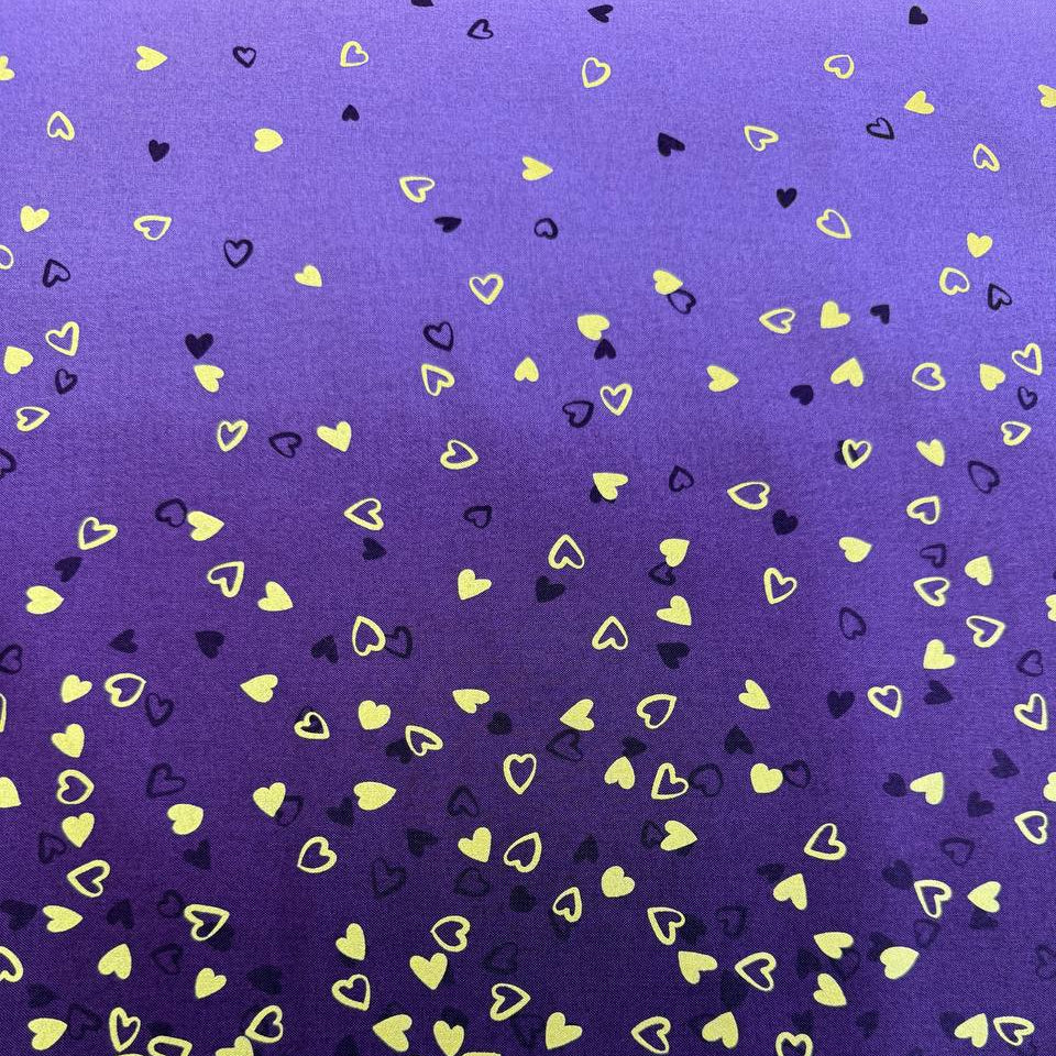 I Heart Ombre Metallic aubergine purple fabric with gold and black hearts by V & Co for Moda 510875M-224