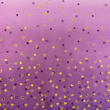Mauve I Heart Ombre Metallic quilting cotton with gold and plum scattered hearts by V & Co for Moda