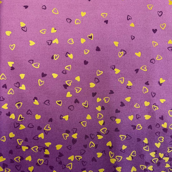 Mauve I Heart Ombre Metallic quilting cotton with gold and plum scattered hearts by V & Co for Moda