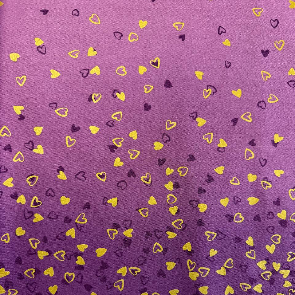 Mauve I Heart Ombre Metallic quilting cotton with gold and plum scattered hearts by V & Co for Moda