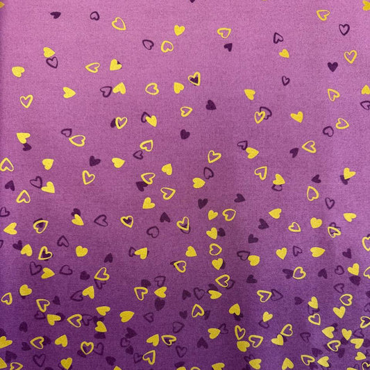 Mauve I Heart Ombre Metallic quilting cotton with gold and plum scattered hearts by V & Co for Moda
