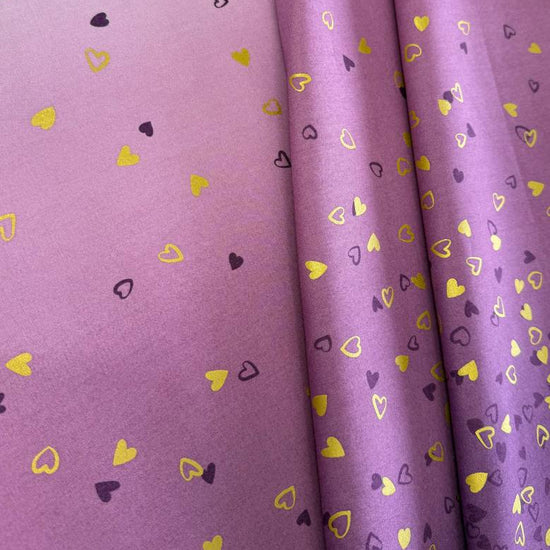 Mauve I Heart Ombre Metallic quilting cotton with gold and plum scattered hearts by V & Co for Moda