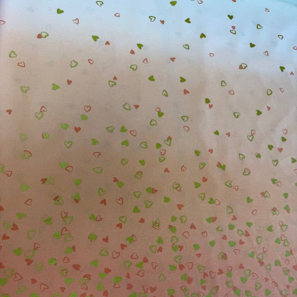 I Heart Ombre hearts fabric peach background green coral hearts Moda V and Co quilting cotton 10875M-221