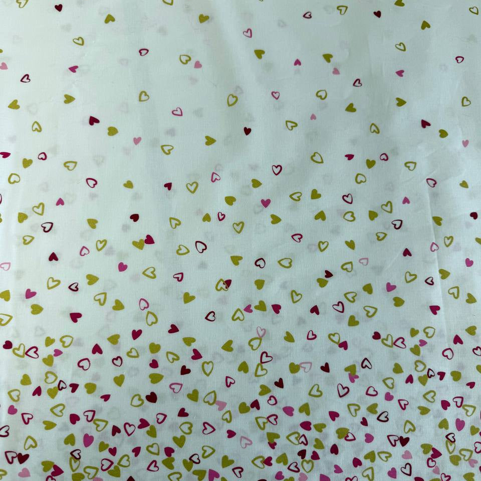 Off white cotton fabric with pink red and metallic gold hearts I Heart Ombre Metallic Moda Fabrics