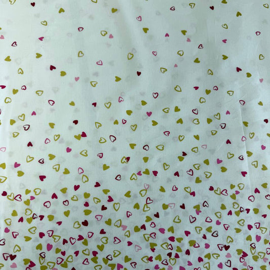 Off white cotton fabric with pink red and metallic gold hearts I Heart Ombre Metallic Moda Fabrics