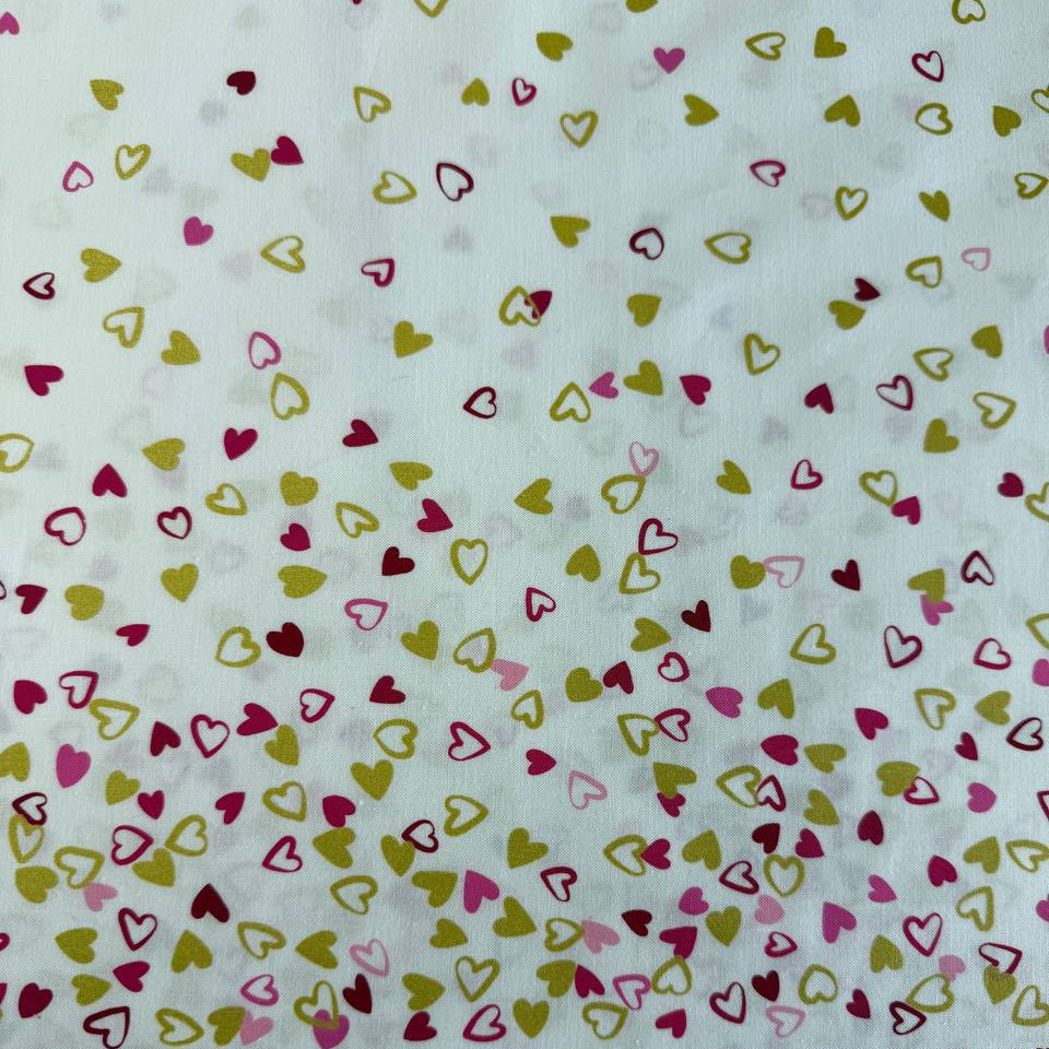 Off white cotton fabric with pink red and metallic gold hearts I Heart Ombre Metallic Moda Fabrics