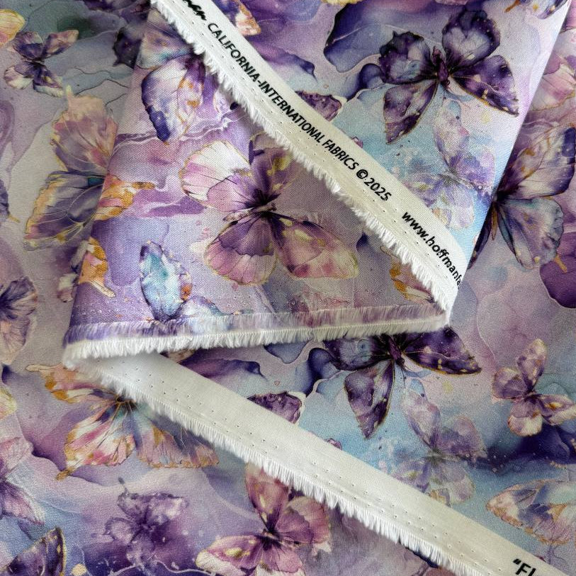 Flourish By Hoffman violet butterfly fabric 25630-81 watercolor purple butterflies digital print quilting cotton