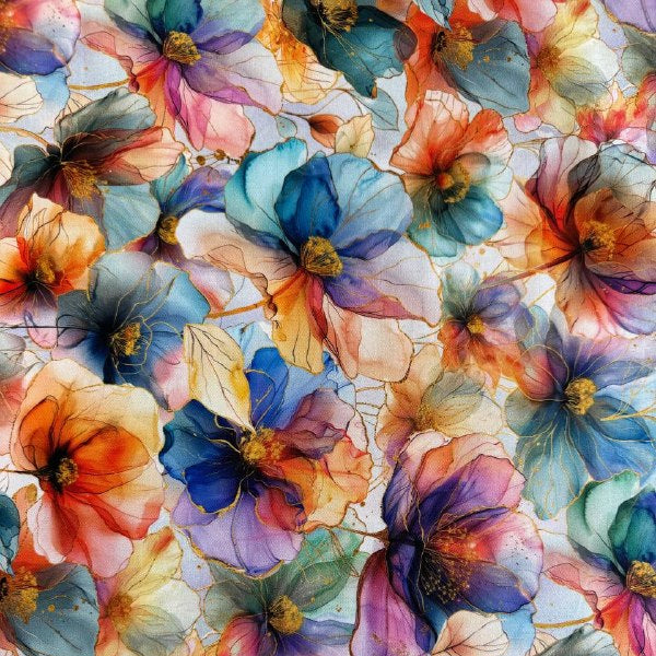 Flourish By Hoffman multi floral fabric 25625-130 watercolor flowers digital print quilting cotton