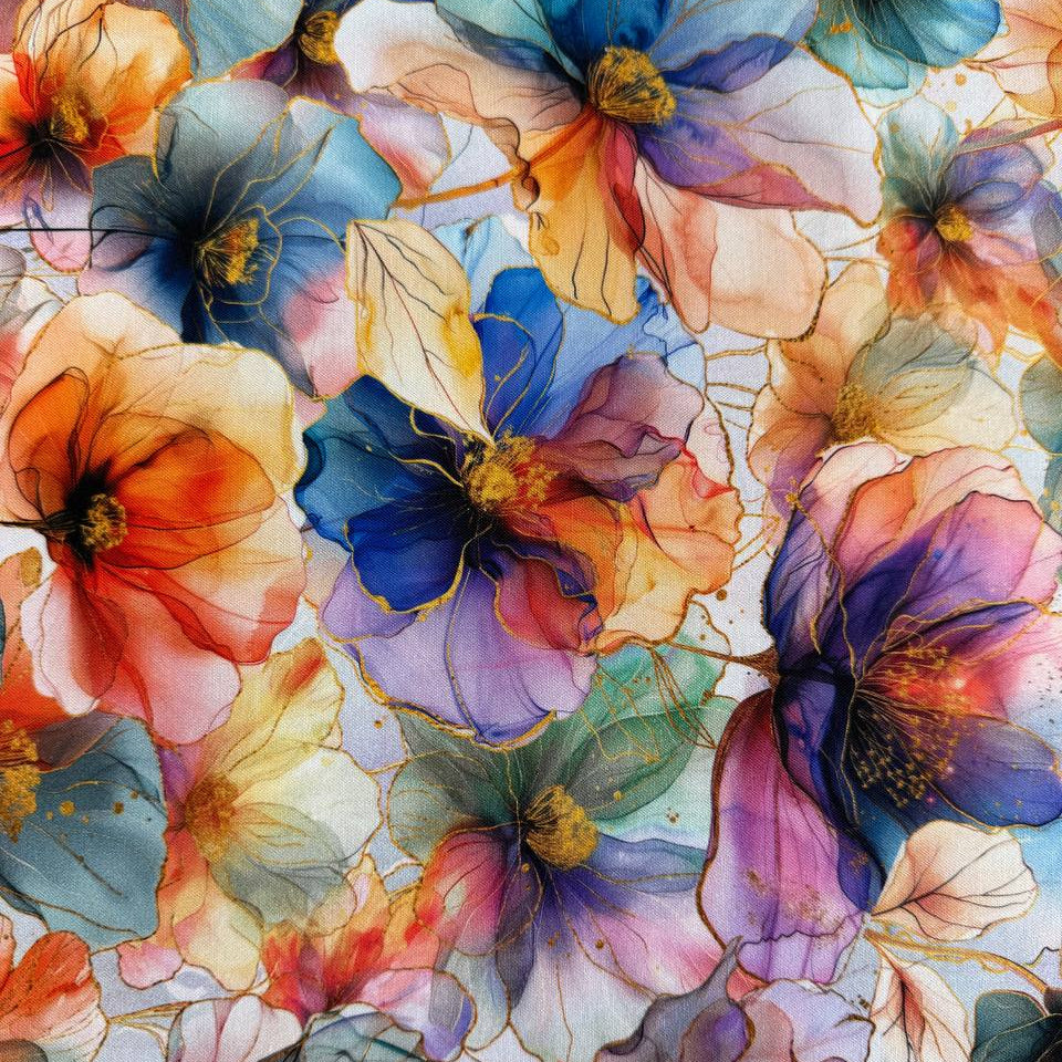 Flourish By Hoffman multi floral fabric 25625-130 watercolor flowers digital print quilting cotton