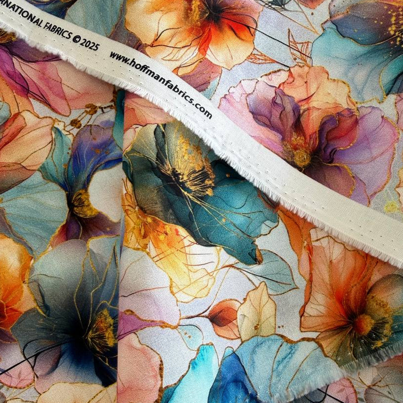 Flourish By Hoffman multi floral fabric 25625-130 watercolor flowers digital print quilting cotton