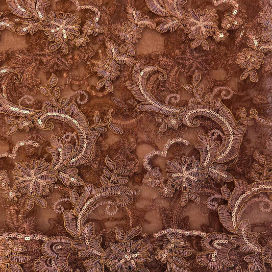 Elegant brown embroidered floral lace with shimmering sequins on a soft sheer mesh base, finished with a scalloped edge, ideal for evening gowns, formalwear, and bridal sewing projects.