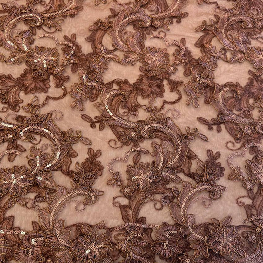 Elegant brown embroidered floral lace with shimmering sequins on a soft sheer mesh base, finished with a scalloped edge, ideal for evening gowns, formalwear, and bridal sewing projects.