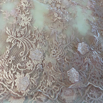 Soft blush pink 3D floral embroidered lace on a sheer mesh base with elegant scalloped edges, perfect for bridal gowns, evening dresses, veils, and luxury sewing projects.