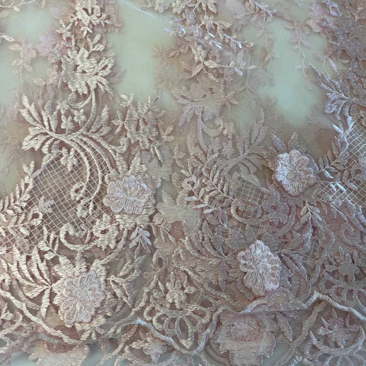 Soft blush pink 3D floral embroidered lace on a sheer mesh base with elegant scalloped edges, perfect for bridal gowns, evening dresses, veils, and luxury sewing projects.