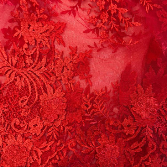 Elegant red 3D floral embroidered lace on a soft sheer mesh base with a delicate scalloped edge, ideal for evening gowns, prom dresses, formalwear, and couture sewing projects.