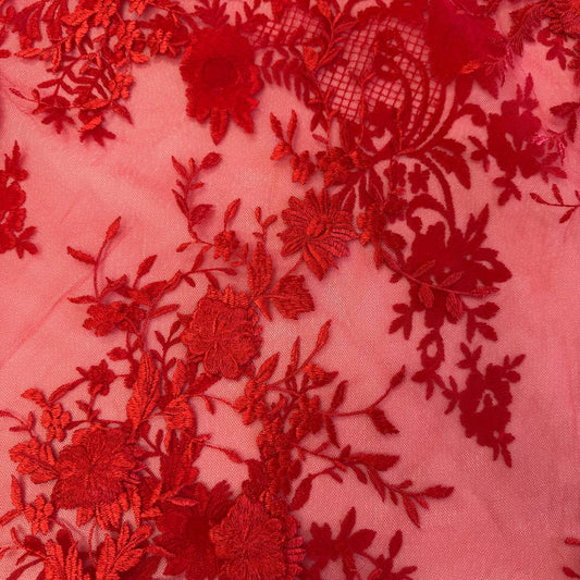 Elegant red 3D floral embroidered lace on a soft sheer mesh base with a delicate scalloped edge, ideal for evening gowns, prom dresses, formalwear, and couture sewing projects.