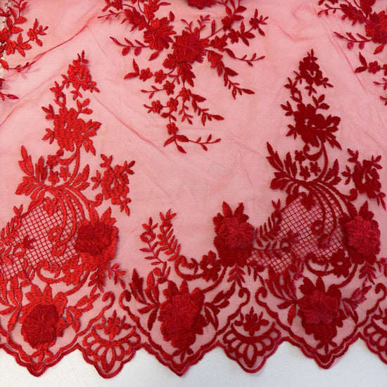Elegant red 3D floral embroidered lace on a soft sheer mesh base with a delicate scalloped edge, ideal for evening gowns, prom dresses, formalwear, and couture sewing projects.