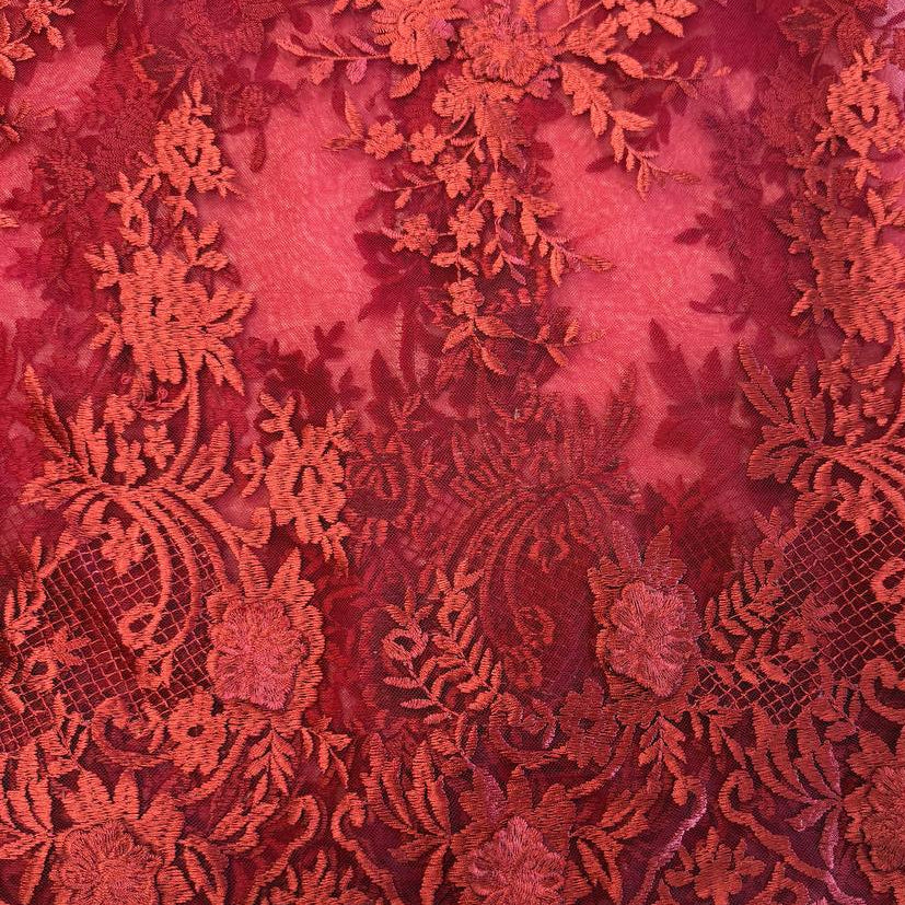 Elegant dark red (burgundy) 3D floral embroidered lace on a soft sheer mesh base with a delicate scalloped edge, ideal for evening gowns, formal dresses, bridal designs, and luxury sewing projects.