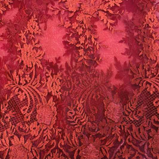 Elegant dark red (burgundy) 3D floral embroidered lace on a soft sheer mesh base with a delicate scalloped edge, ideal for evening gowns, formal dresses, bridal designs, and luxury sewing projects.