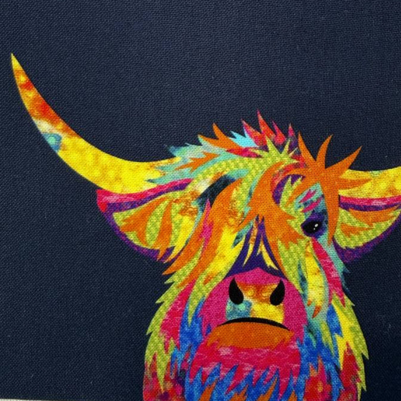 Rainbow Highland cow patchwork cotton quilting fabric panel with colorful squares