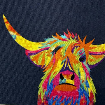 Rainbow Highland cow patchwork cotton quilting fabric panel with colorful squares