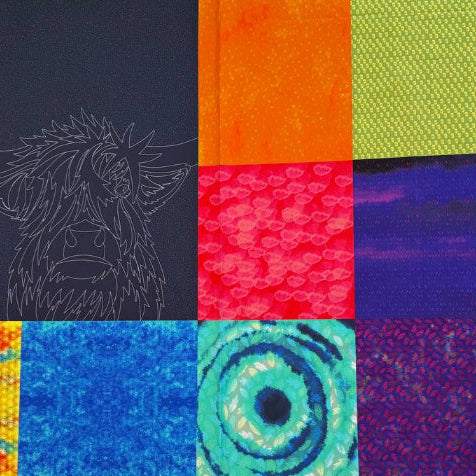 Rainbow Highland cow patchwork cotton quilting fabric panel with colorful squares