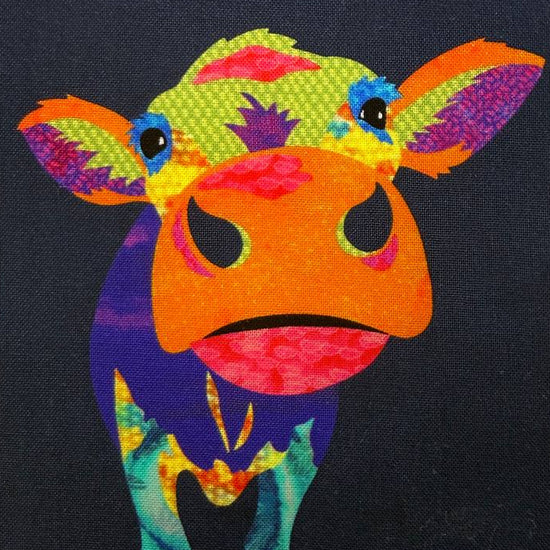 Multicolor painted cow cotton fabric panel with bright patchwork squares and artistic textures quilting fabric panel