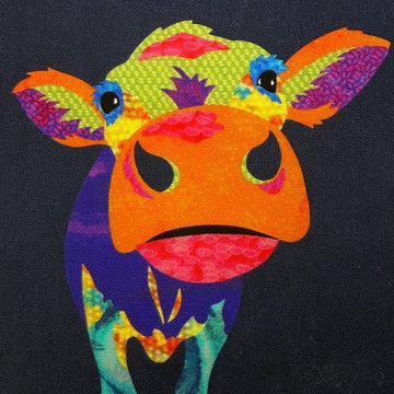 Multicolor painted cow cotton fabric panel with bright patchwork squares and artistic textures quilting fabric panel