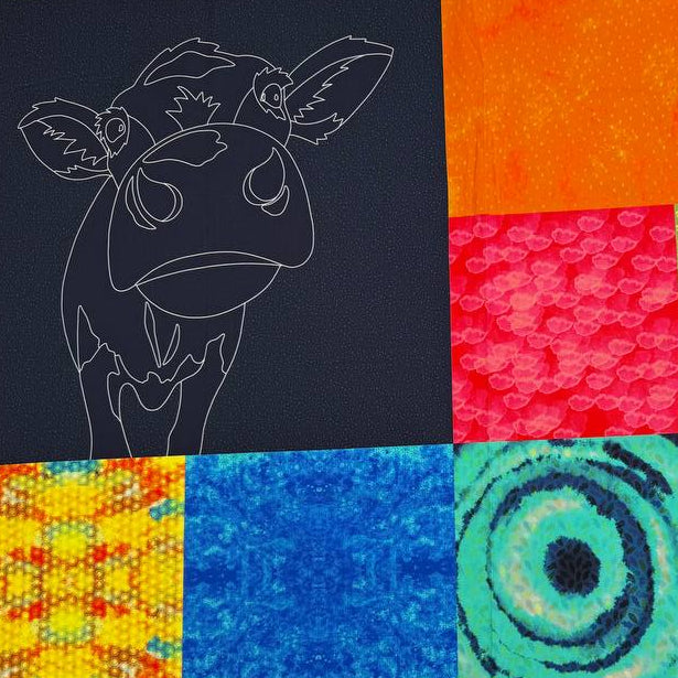 Multicolor painted cow cotton fabric panel with bright patchwork squares and artistic textures quilting fabric panel