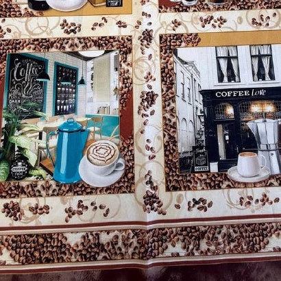 Coffee themed cotton fabric panel with six cafe scenes, coffee cups and coffee beans on beige background quilting cotton panel
