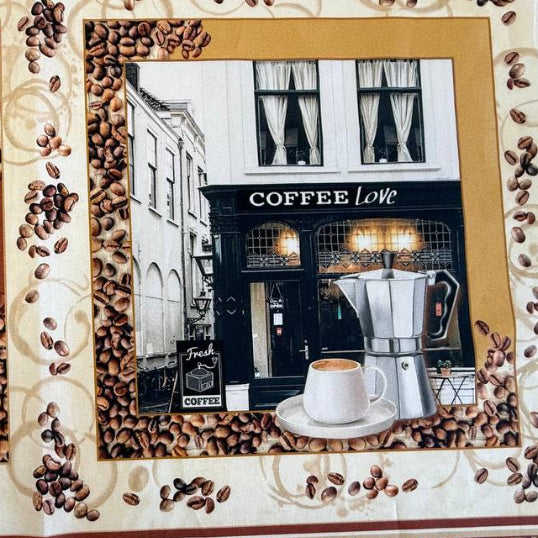 Coffee themed cotton fabric panel with six cafe scenes, coffee cups and coffee beans on beige background quilting cotton panel